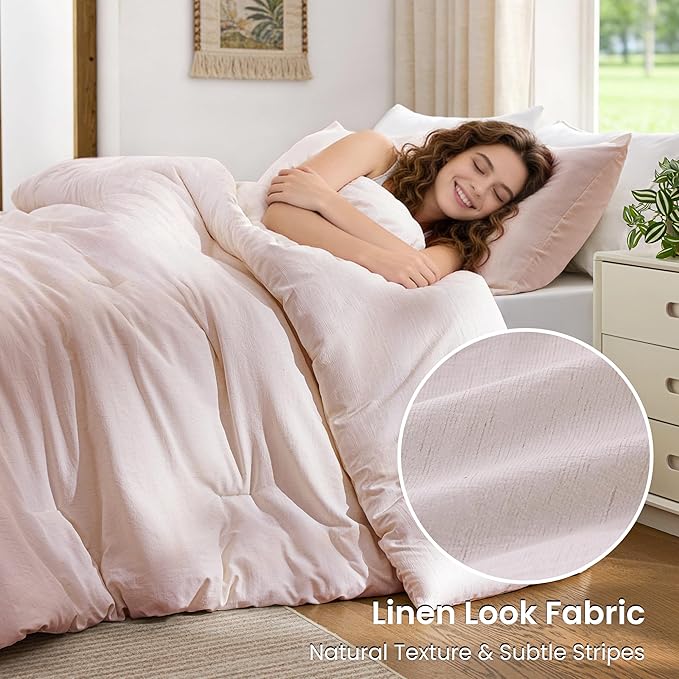 Love's cabin King Size Comforter Set Pink, 3-Piece 90% Polyester 10% Linen Blend Bedding Set, Linen-Look Textured Stripe, Down Alternative All-Season Comforter with Pillow Shams | Soft, Breathable, Lightweight