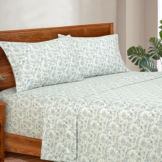 ROYALE LINENS 300 Thread Count 100% Long Staple Combed Cotton Sheet Set - 4 Piece King Bed Sheets - 1 Fitted, 1 Flat & 2 Pillow Cases - Soft Cool & Crisp Sheet Set (King, Tossed Floral,Dusty Blue)