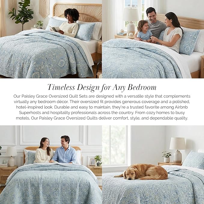 Southshore Fine Living, Inc. Twin XL Comforter Quilt Set, Dorm Bedding Essentials, Stain Resistant, Machine Washable Paisley Boho Bed Spread, Twin XL Quilt Bedspread Set w/Pillow Sham, Blue Paisley