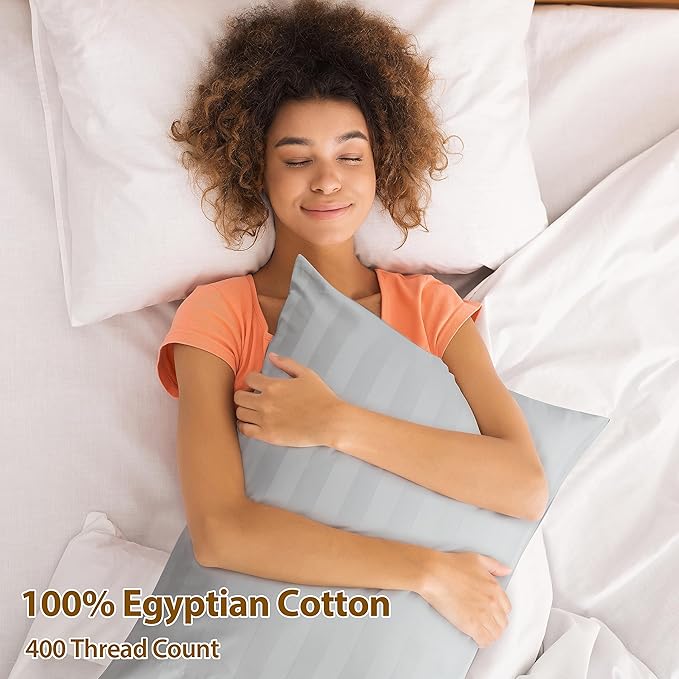 100% Egyptian Cotton Pillow Cases Set of 2, Standard Size 400 Thread Count Cooling Pillowcases, Soft and Breathable Pillow Covers with Envelope Closure, 20x26 Inches (Standard, Striped Gray)