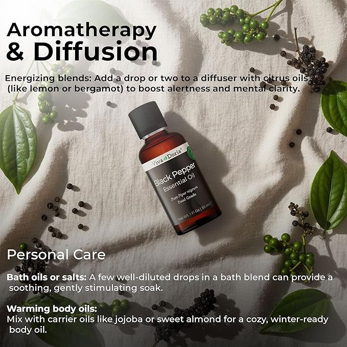 Viva Doria Black Pepper Essential Oil, 100% Pure, Natural Essential Oil, Undiluted, for Aromatherapy | Food Grade, 30 mL (1 Fluid Ounce)