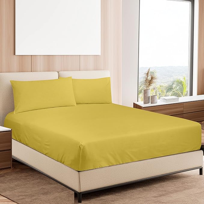 ROYALE LINENS 300 Thread Count 100% Long Staple Combed Cotton Sheet Set - 4 Piece Queen Bed Sheets - 1 Fitted, 1 Flat & 2 Pillow Cases - Soft Cool & Crisp Sheet Set (Queen, Yellow)