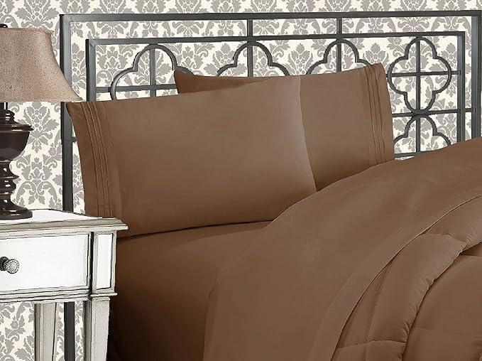 Elegant Comfort Luxurious 1500 Premium Hotel Quality Microfiber Three Line Embroidered Softest 4-Piece Bed Sheet Set, Wrinkle and Fade Resistant, California King, Taupe