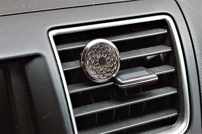 Wild Essentials Sunflower Essential Oil Car Vent Diffuser Kit – 316L Stainless Steel Locket, Rubber-Coated 4-Way Clip, 8 Color Pads (22mm), 25mm – Includes Alert & Inner Calm (2 x 10ml)