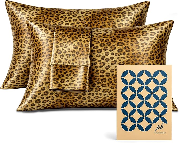 Pure Bedding Satin Pillowcase 2 Pack - Queen Size (20"x30", Gold Leopard) - Silky Pillow Cases for Hair and Skin - Satin Pillow Covers with Envelope Closure - Extra Soft Premium Microfiber