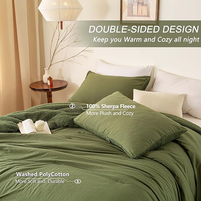 Warm Ultra-Soft Sherpa King Size Down Comforter - Reversible Bedding Down Alternative Blanket Comforter and 2 Pillowshams Plush Comfort Fluffy for Winter Fall (Dark Olive Green Cal/Cal King)