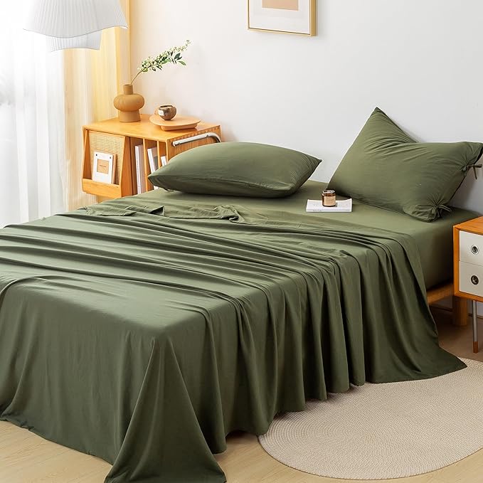 7 Pieces Solid Color Ultra-Soft Elegant Natural Full Size Bed Sheets and Comforter Set with Flat Sheet Fitted Sheet 2 Pillow Cases 2 PillowShams Lightweight All Season Use, Olive Green Full