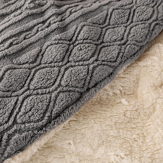 Ultra-Soft Warm Plush Sherpa Fleece Down Comforter Queen Size - Thickened Boho 3D Jacquard Reversible Bedding Comforter Set Fluffy Surface for Cozy Autumn and Winter Nights (Full/Queen,Grey)