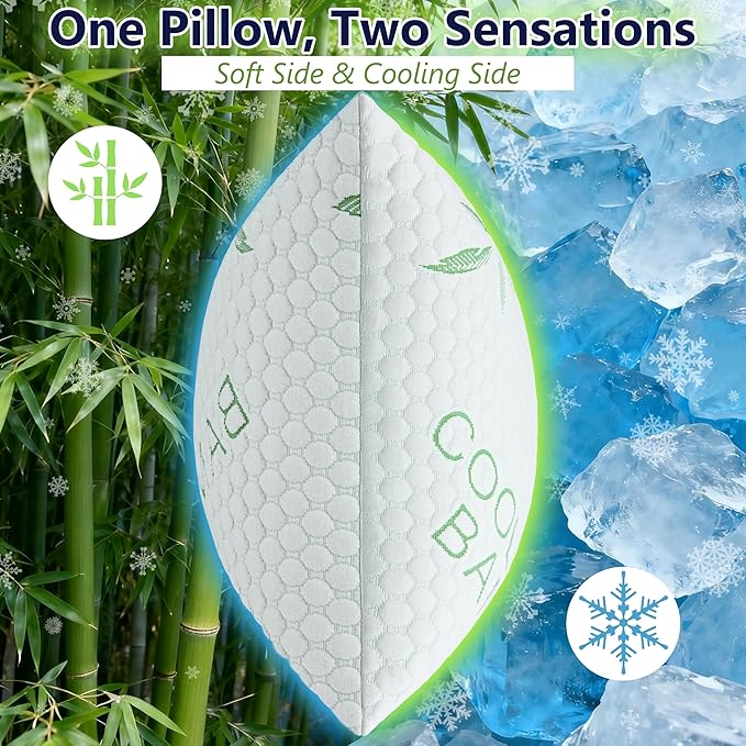 Shredded Memory Foam Pillows, Cooling Pillows Queen Size Set of 2 Adjustable Firm Bamboo Bed Pillows for Hot, Side, Back and Stomach Sleepers