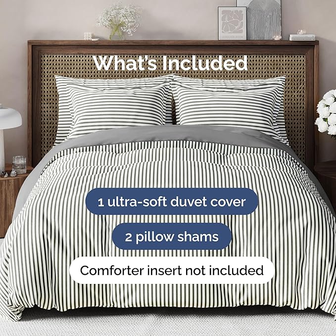 Duvet Cover Cal King Size Set - Extra Soft Cal King Duvet Cover 104" x 98" with 2 Pillow Shams - Hotel Luxury, Easy Care & Fade Free w/ Zipper Closures & Ties - Comfy, Cozy & Breathable (Grey Stripes)