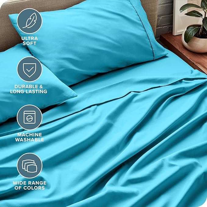 Bare Home Queen Sheet Set - 1800 Ultra-Soft Microfiber Queen Bed Sheets - Double Brushed - Deep Pockets - Easy Fit - 4 Piece Set - Bedding Sheets & Pillowcases (Queen, Aqua)