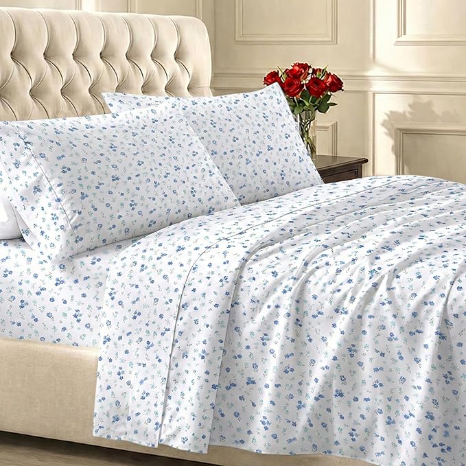 California Design Den Soft King Size 100% Cotton Sheet Sets, 400 TC Good Housekeeping Award Winner, Smooth Sateen Finish with Deep Pockets, Cozy and Durable King Bedding Set - Floral White/Blue