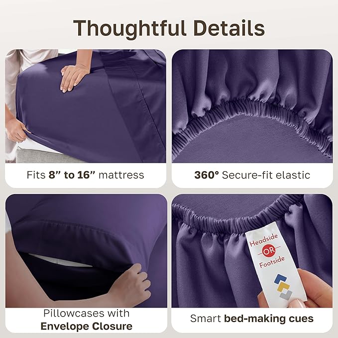 California Design Den 6-Pc Queen Size Sheet Set with 4 Pillowcases - 400 Thread Count 100% Cotton Sheets, Sateen Weave, Deep Pocket Bedsheets Set - Dark Purple
