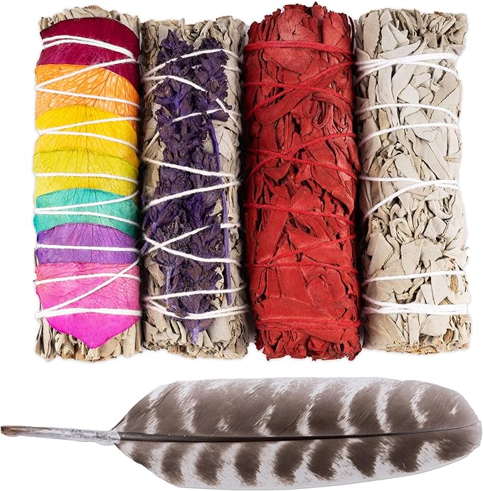 4 pc Smudge Sticks With White Sage, Dragons Blood, Chakra, Lavender, Turkey Feather, & Smudging Guide Home Cleansing, Energy Healing, Meditation, Reiki, & Clearing Negative Energy