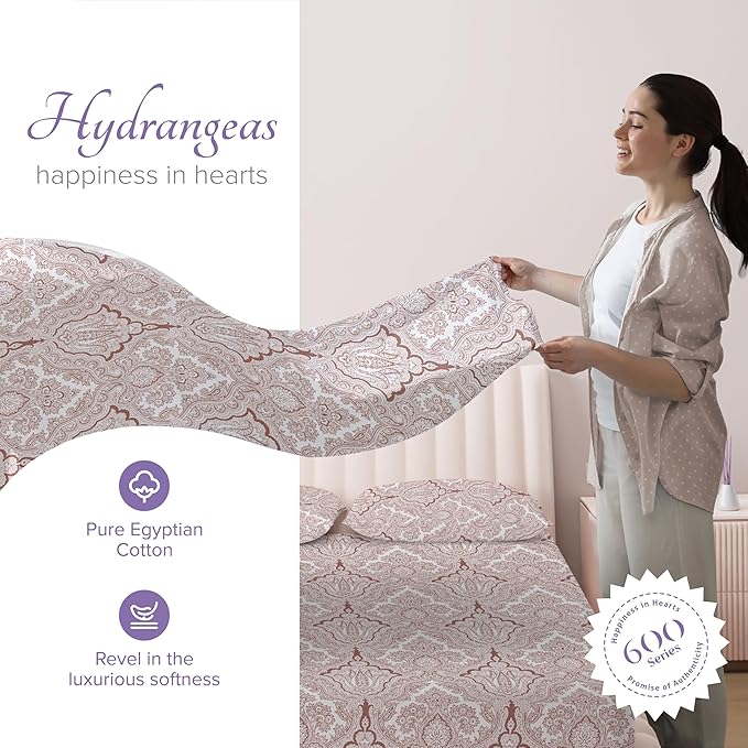 Carressa Linen 100% Egyptian Cotton Queen Sheet Set - 600 Series Hydrangeas Printed Egyptian Cotton Queen Sheets Set (4 PC, Paisley), 16" Deep Pocket Sateen Weave Luxury Hotel Bed Sheet