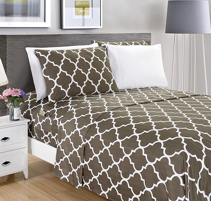 Elegant Comfort Luxury Soft Bed Sheets Quatrefoil Pattern - 1500 Premium Hotel Quality Microfiber Softness Wrinkle and Fade Resistant (6-Piece) Bedding Set, Queen, Grey