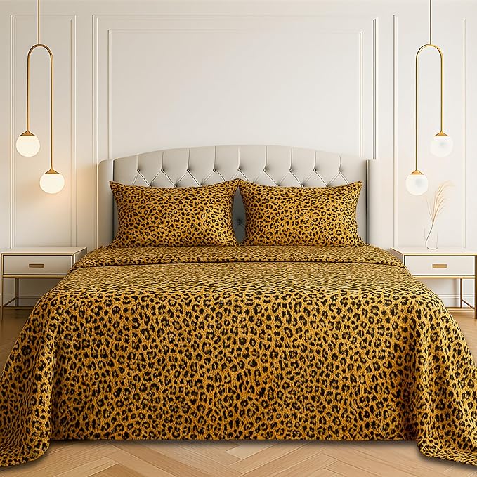 Satin Sheets Twin [3-Piece, Gold Leopard] Hotel Luxury Silky Bed Sheets - Extra Soft 1800 Microfiber Sheet Set, Wrinkle, Fade, Stain Resistant - Deep Pocket Fitted Sheet, Flat Sheet, Pillow Cases