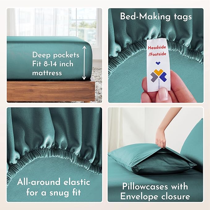 California Design Den Deep Pocket King Sheet Set - Natural 100% Cotton Sheets King Size, Soft Sateen Weave, Breathable and Durable Bedding Set Teal (Deep Tone)