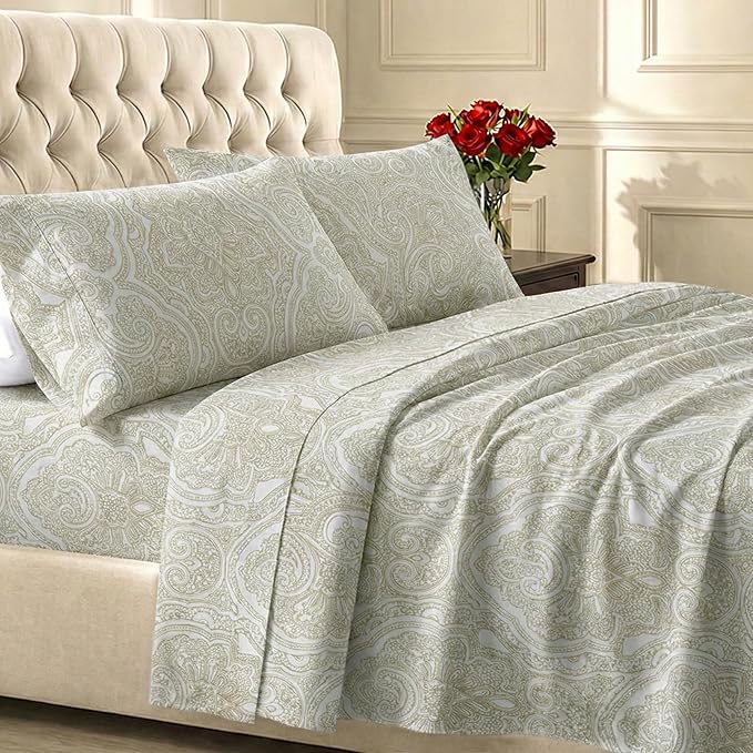 California Design Den Soft 100% Cotton Sheets King Size Set, 400 TC Good Housekeeping Award Winner, Smooth Sateen Finish with Deep Pockets, Cozy and Durable Cotton Bedding Set - Paisley Beige