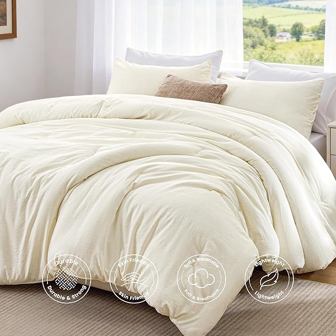 Love's cabin Queen Comforter Set Beige, 3-Piece 90% Polyester 10% Linen Blend Bedding Set, Linen-Look Textured Stripe, Down Alternative All-Season Comforter with Pillow Shams | Soft, Breathable, Lightweight