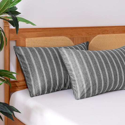 Amazon Basics Stripe Cooling Pillow Cases for Hot Sleepers, Soft Cooling Pillow Covers with Envelope Closure, 20" x 30", Queen, Dark Gray, Pack of 2