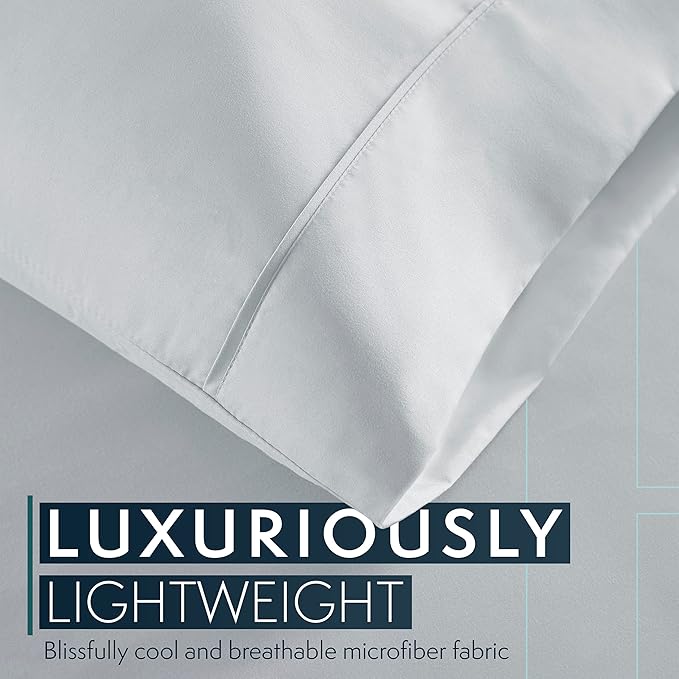 HC COLLECTION Bed Sheets Set Queen with 2 Pillowcases, Hotel Luxury Platinum 1800 Series Brushed Microfiber Deep Pocket Fitted Sheet, Fade Resistant Ultra Soft 4 Pcs Bedding for Hot Sleepers, Ice Blue