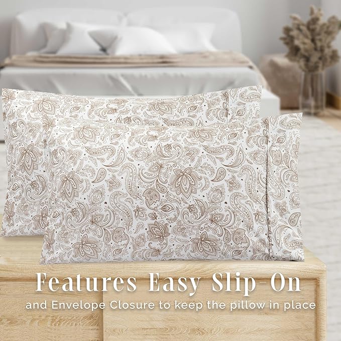 Elegant Comfort Ultra Soft Set of 2 Floral Print Pillowcases - 1500 Premium Hotel Quality Microfiber, Soft and Smooth Envelope Closure 2-Piece Pillow Covers - Standard/Queen, Paisley Taupe