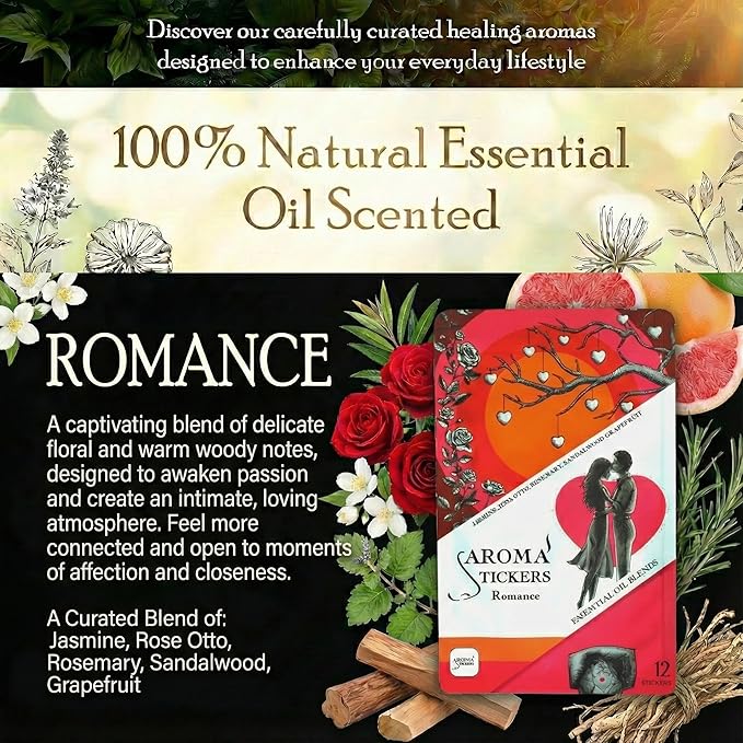 AROMA STICKERS® Original Blend Romance - 100% Natural Essential Oil Scented - Aromatherapy Sticker Diffuser for Perosonal Space - Towels & Pillows/Relaxing & Sleeping (Pack of 1, 12 Stickers)