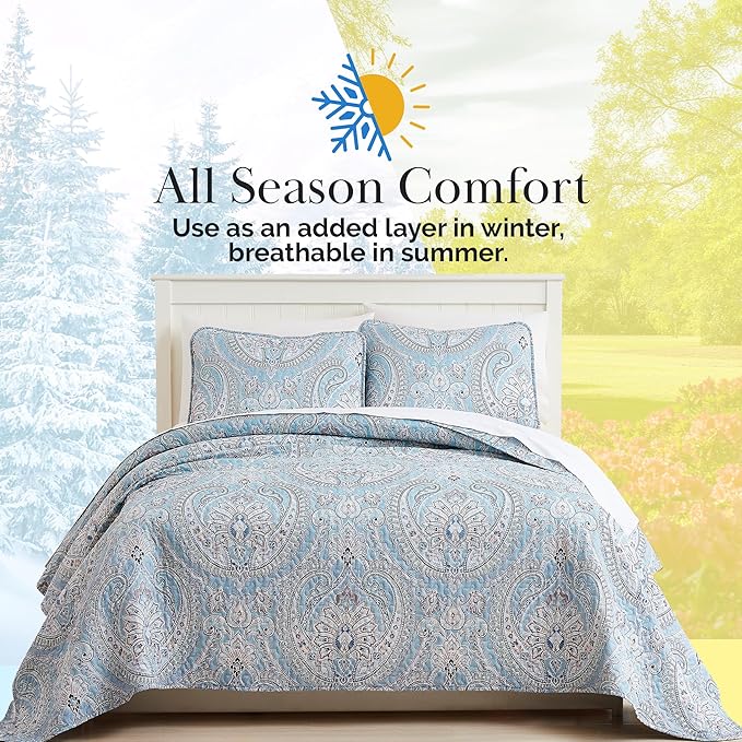 Southshore Fine Living, Inc. Full/Queen Quilt Bedding Set, Paisley Full Size Summer Bedspread, Boho Bedding Set for Full Size Mattress, Queen Size Quilt Coverlet & Matching Shams, Pure Melody Aqua