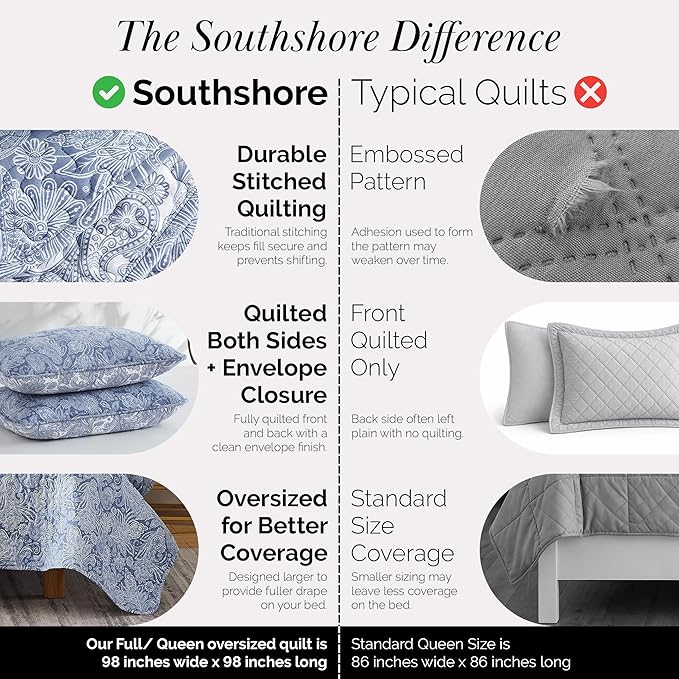 Southshore Fine Living, Inc. Paisley Quilt Queen Size Bedding Set, Full Size Quilted Coverlet, Boho Bedspreads Queen Size Set with Two Matching Pillow Shams, Full/Queen, Reversible Blue