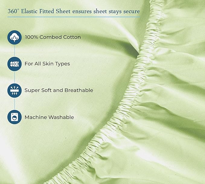 Royale Linen 400 Thread Count 100% American Grown Cotton 4 Piece Sateen Queen Sheet Set - 1 Fitted Sheet, 1 Flat Sheet, 2 Pillow case - Green Queen Bedsheet - Cotton Sheets - (Queen, Florentine Sage)
