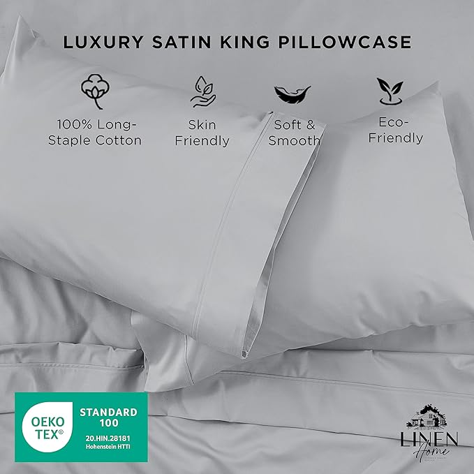 Linen Home 600 Thread Count King Pillowcase Set | 100% Long-Staple Cotton Pillow Cases | Soft & Smooth Luxury Satin Set of 2 Pillowcases | 4 Inch Z Hem | Silver