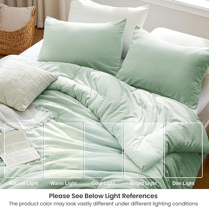 Love's cabin Twin/Twin XL Comforter Set Light Green, 2-Piece 90% Polyester 10% Linen Blend Bedding Set, Linen-Look Textured Stripe, Down Alternative All-Season Comforter with Pillow Sham | Soft, Breathable, Lightweight