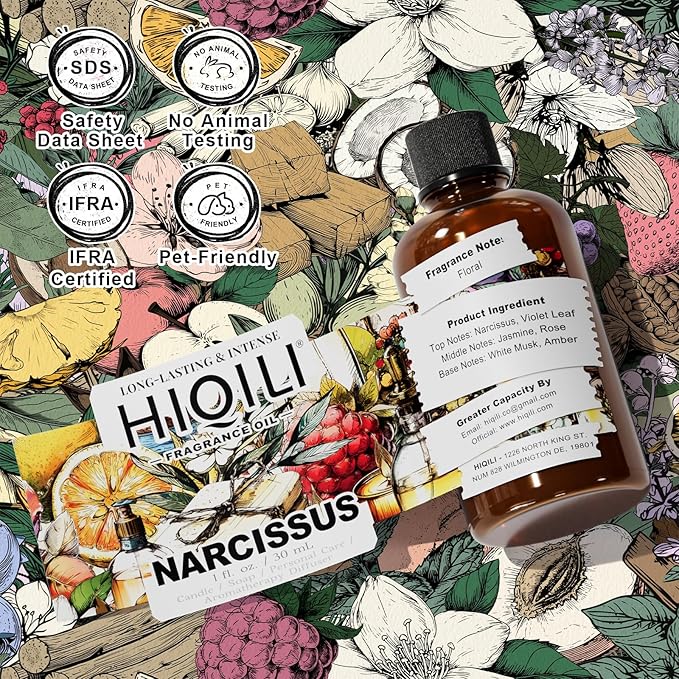 HIQILI Narcissus Fragrance Oil for Diffuser & DIY, Highly Concentrated Scented Oil for Candle Making, Soap, Perfume, Fresh Floral Aroma - 1 Fl Oz