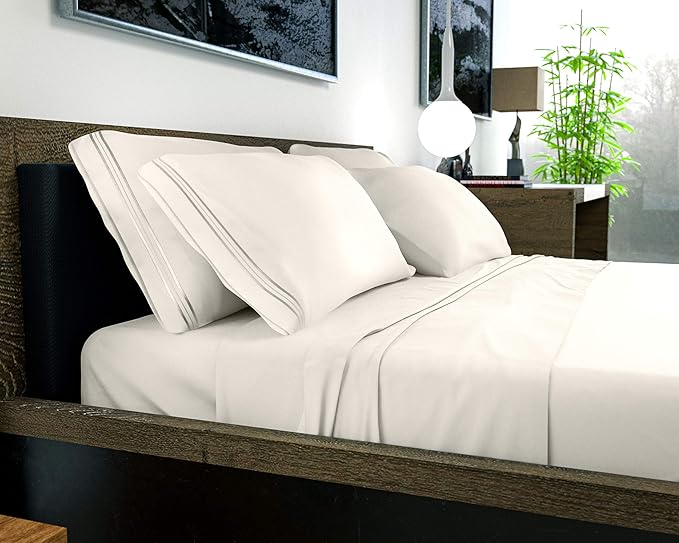 DREAMCARE California King Sheet Sets - 6 pcs Breathable Cooling Bed Sheets - up to 21" Extra Deep Cal King Sheets with Side Pockets - Extra Soft 100% Brushed Hypoallergenic Hotel Luxury Bedding -Ivory