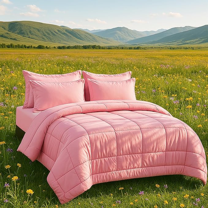 DOWNCOOL Full Size Comforter Sets, 7Pcs Full Size Bedding Sets Pink, All Season Down Alternative Bedding Comforter Sets with Comforter, Flat Sheet, Fitted Sheet, 2 Pillow Shams & 2 Pillowcases