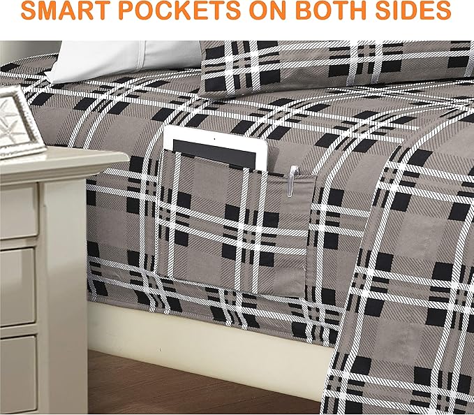 Elegant Comfort Luxury Soft Bed Sheets Plaid Pattern - 1500 Premium Hotel Quality Microfiber Softness Wrinkle and Fade Resistant (6-Piece) Bedding Set, Queen, Plaid Grey