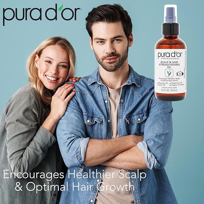 PURA D'OR Scalp & Hair Strengthening Oil (3.3 Oz) Supports Optimal Growth, Reduce Breakage, Nourish Roots for Healthier, Fuller, Thicker Hair - Rosemary, Castor & Peppermint Oil | Supports Hair Growth