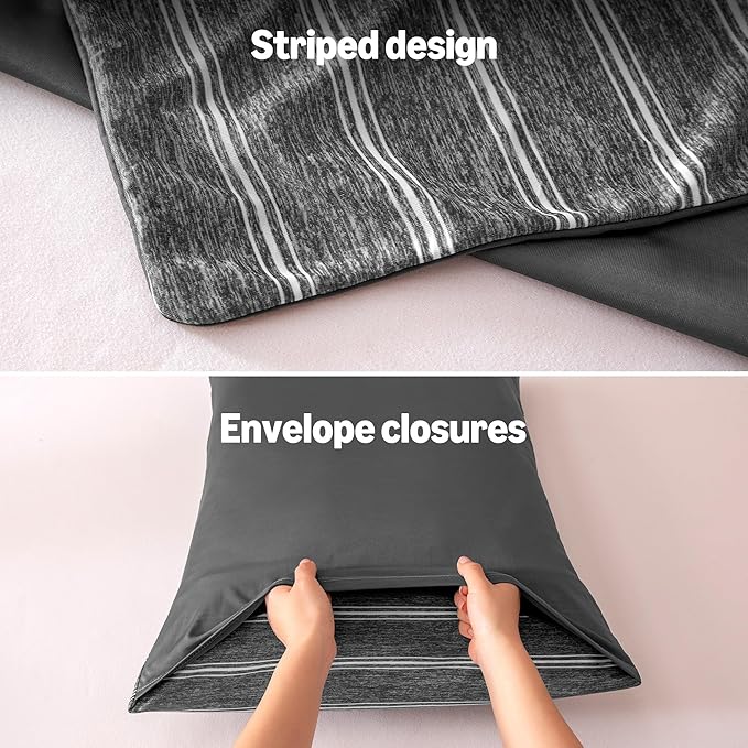 Amazon Basics Stripe Cooling Pillow Cases for Hot Sleepers, Soft Cooling Pillow Cover with Envelope Closure, 20" x 30", Queen, Dark Gray, Pack of 1
