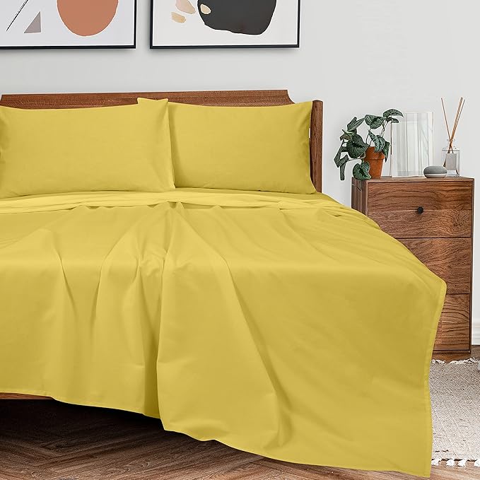 ROYALE LINENS 300 Thread Count 100% Long Staple Combed Cotton Sheet Set - 4 Piece Queen Bed Sheets - 1 Fitted, 1 Flat & 2 Pillow Cases - Soft Cool & Crisp Sheet Set (Queen, Yellow)