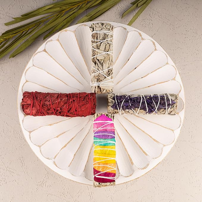 4 pc Smudge Sticks With White Sage, Dragons Blood, Chakra, Lavender, Turkey Feather, & Smudging Guide Home Cleansing, Energy Healing, Meditation, Reiki, & Clearing Negative Energy