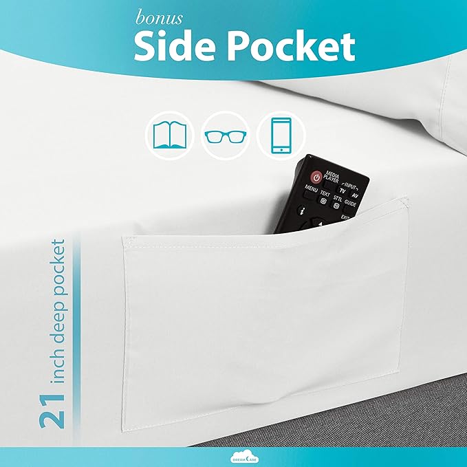DREAMCARE Twin XL Sheet Sets - 3 pcs Breathable Cooling Bed Sheets - up to 21" Extra Deep Pocket Twin XL Sheets Set with Side Pockets - Extra Soft 100% Brushed Hypoallergenic Hotel Luxury - White
