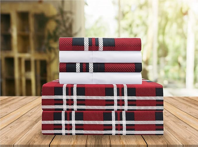 Elegant Comfort Luxury Soft Bed Sheets Plaid Pattern - 1500 Premium Hotel Quality Microfiber Softness Wrinkle and Fade Resistant (6-Piece) Bedding Set, Full, Plaid Burgundy