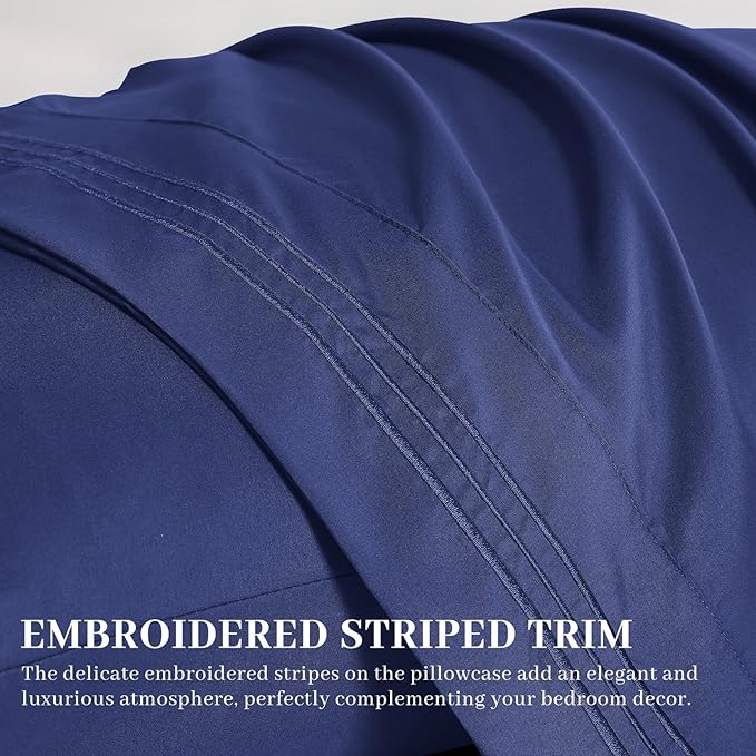 YIYEA California King Pillow Cases Set of 4, Ultra Soft 1800TC Hotel Quality Double Brushed Microfiber Embroidered Pillowcases, Envelope Closure, Fade Resistant (20"x40", Navy)