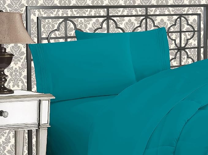 Elegant Comfort Luxurious 1500 Premium Hotel Quality Microfiber Three Line Embroidered Softest 4-Piece Bed Sheet Set, Wrinkle and Fade Resistant, California King, Turquoise