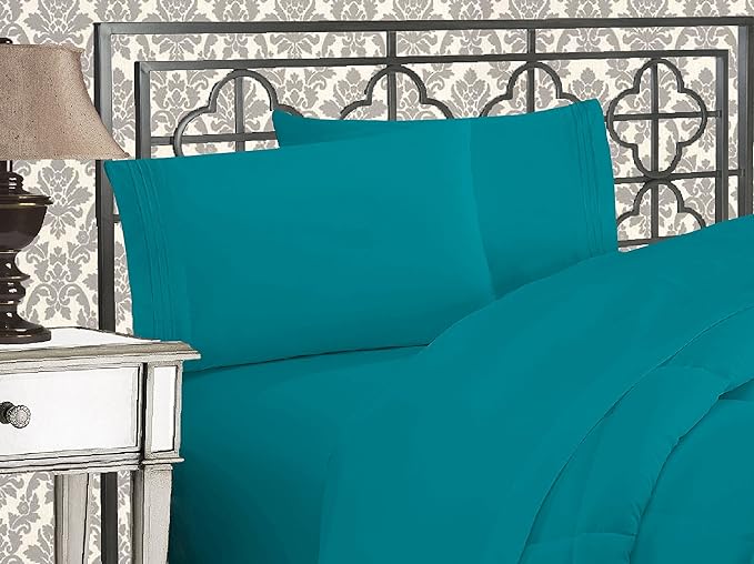 Elegant Comfort Luxurious 1500 Premium Hotel Quality Microfiber Three Line Embroidered Softest 4-Piece Bed Sheet Set, Wrinkle and Fade Resistant, California King, Turquoise