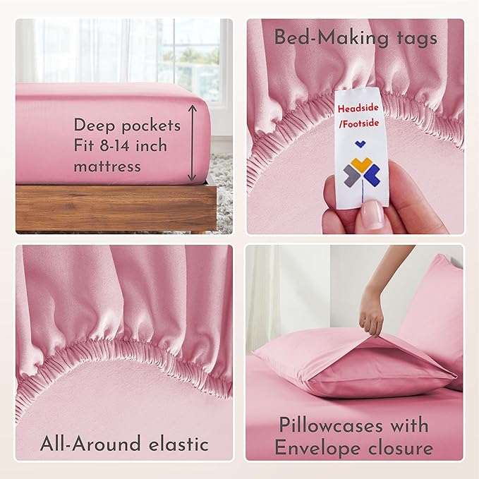 California Design Den Full Size Sheets Set - Natural 100% Cotton Bed Sheets, Soft Sateen Weave, Fully Elasticized Deep Pockets, Breathable and Durable Bedding - Doll Pink