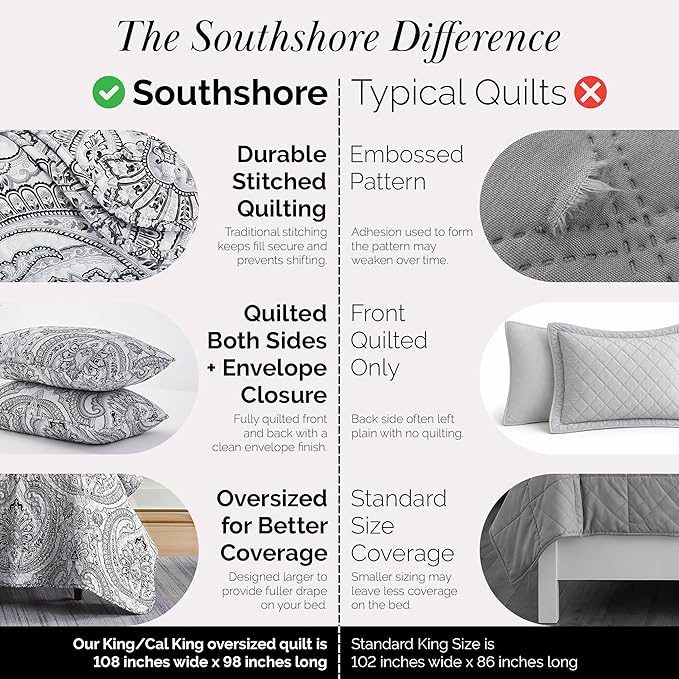 Southshore Fine Living, Inc. Boho King Quilt Set, Lightweight Bedspread, Summer Coverlet, 3-Piece Paisley Bedding Set with Two Matching Quilted Pillow Shams, California/King Quilts, Black