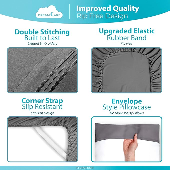 DREAMCARE Twin XL Sheet Sets - 3 pcs Breathable Cooling Bed Sheets - up to 21" Extra Deep Pocket Twin XL Sheets Set with Side Pockets - Extra Soft 100% Brushed Hypoallergenic Hotel Luxury - Gray
