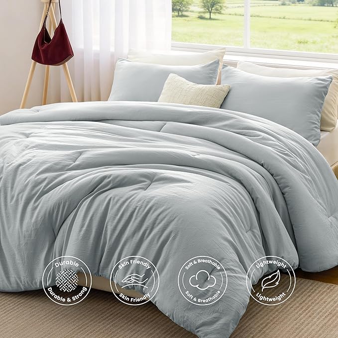 Love's cabin Full Size Comforter Set Light Grey, 3-Piece 90% Polyester 10% Linen Blend Bedding Set, Linen-Look Textured Stripe, Down Alternative All-Season Comforter with Pillow Shams | Soft, Breathable, Lightweight
